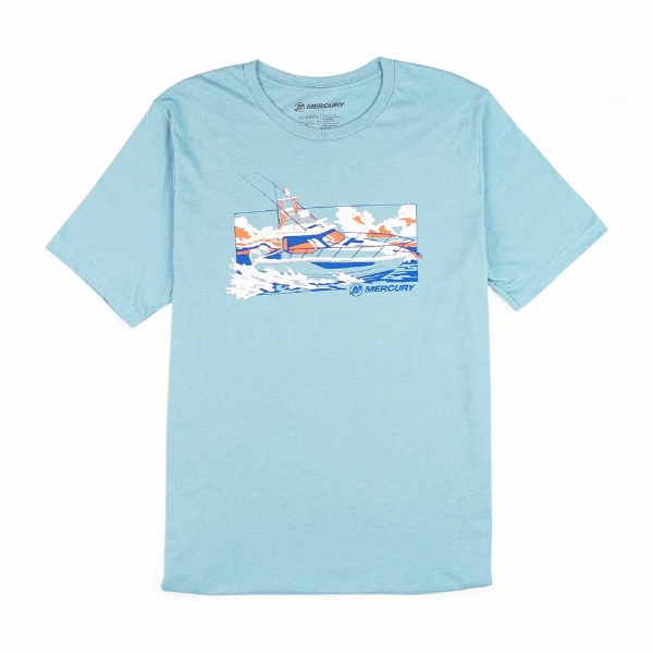 Mercury Wide Open Tee in seafoam with offshore fishing boat graphic