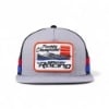 Front view of Mercury Racing Throttle Back Hat featuring retro racing patch and flat gray brim