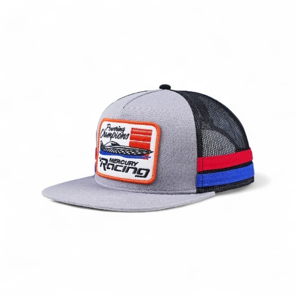 Front angled view of Mercury Racing Throttle Back Hat with gray crown, black mesh back, and racing patch on front