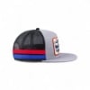 Side view of Mercury Racing Throttle Back Hat with black mesh back and red and blue stripe detail