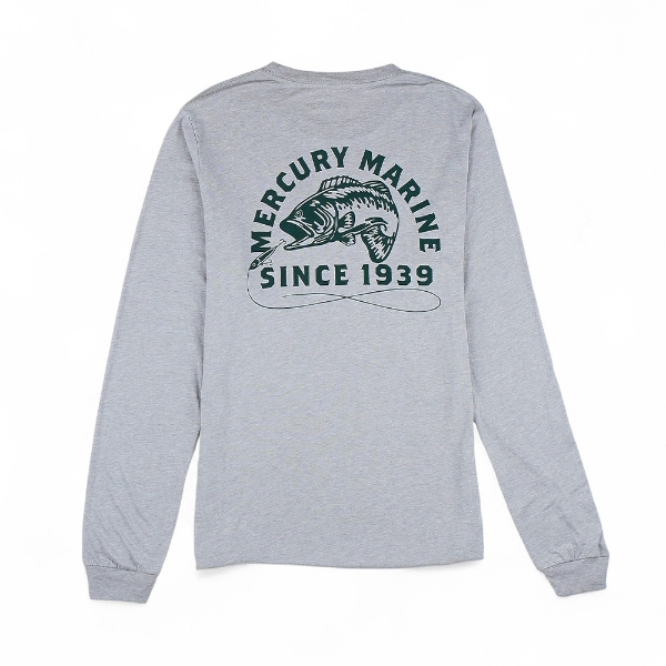 Mercury Marine Outfitter Long Sleeve gray back view with large fishing graphic and “Since 1939” text