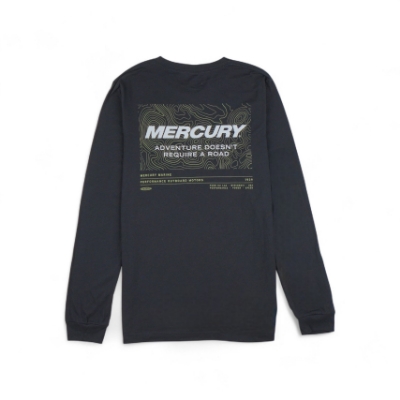 Mercury Marine Precision Long Sleeve Tee black back view with topographic graphic and “Adventure Doesn’t Require a Road” text