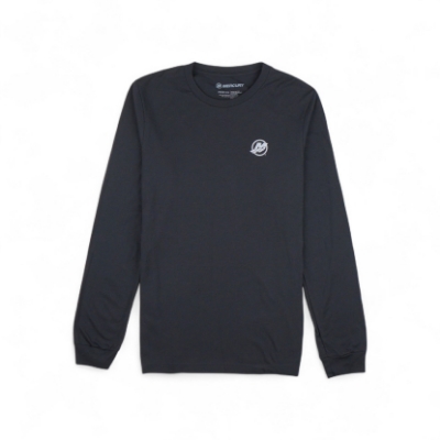 Mercury Marine Precision Long Sleeve Tee black back view with topographic graphic and “Adventure Doesn’t Require a Road” text