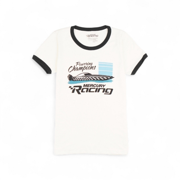 Women's Tee with retro Mercury Racing logo featuring a boat