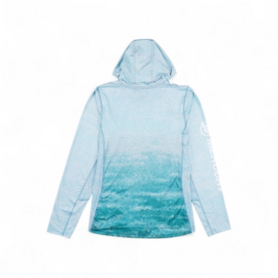 Womens Hooded Performance Long Sleeve - Wake Textured Light Blue hooded performance shirt with white Mercury Marine logo on left chest and sleeve