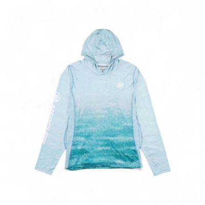 Womens Hooded Performance Long Sleeve - Wake Textured Light Blue hooded performance shirt with white Mercury Marine logo on left chest and sleeve