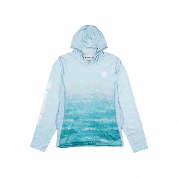 Textured Light Blue hooded performance shirt with white Mercury Marine logo on left chest and sleeve