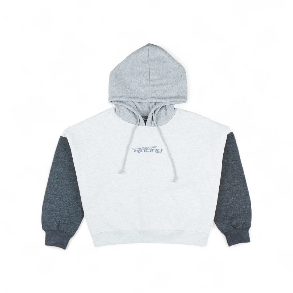 Mercury Racing Women’s Crop Hoodie – Front View with Logo and Colorblock Sleeves