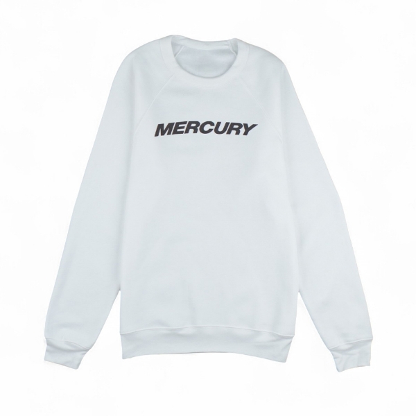 White crewneck with Mercury logo across chest