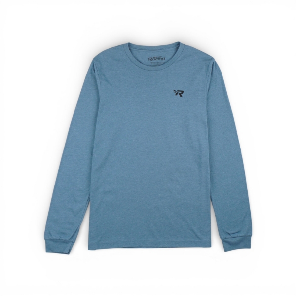 Front view of Mercury Racing 1974 Long Sleeve Performance Tee in Heather Blue