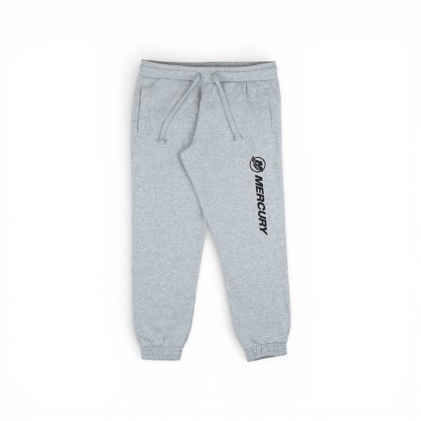 Heather grey women’s joggers featuring an elastic waistband with drawstrings, front pockets, ribbed cuffs, and a vertical black Mercury logo along the left leg.