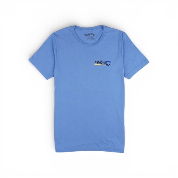 Light blue Mercury Racing tee with a small “Designed for Champions” logo printed on the left chest.