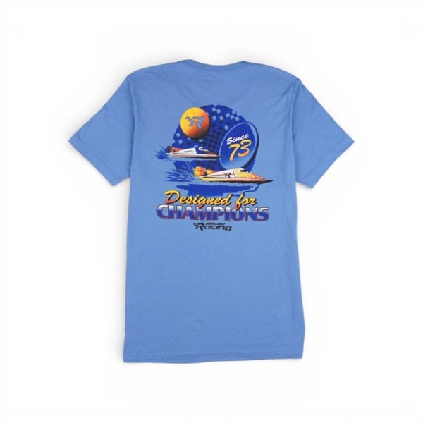 Light blue Mercury Racing tee with a bold “Designed for Champions” graphic featuring racing boats on the back.