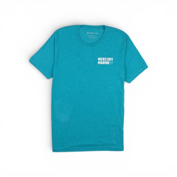 Teal Mercury Marine tee featuring a simple left‑chest Mercury Marine logo.