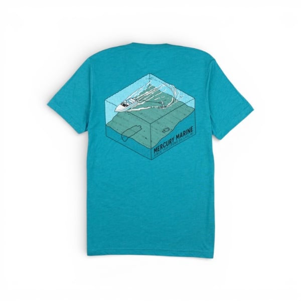 Teal Mercury Marine tee with a Wake & Wave graphic showing a boat inside a 3D water cube design on the back.