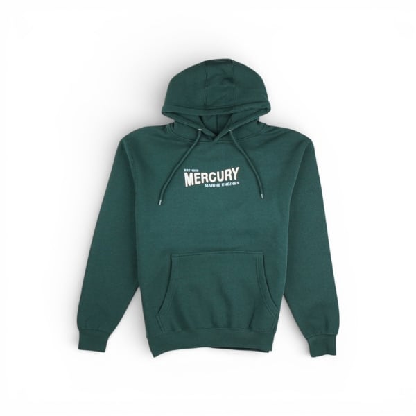 Dark green Mercury Marine hoodie with a simple left‑chest Mercury Marine logo and front pouch pocket.