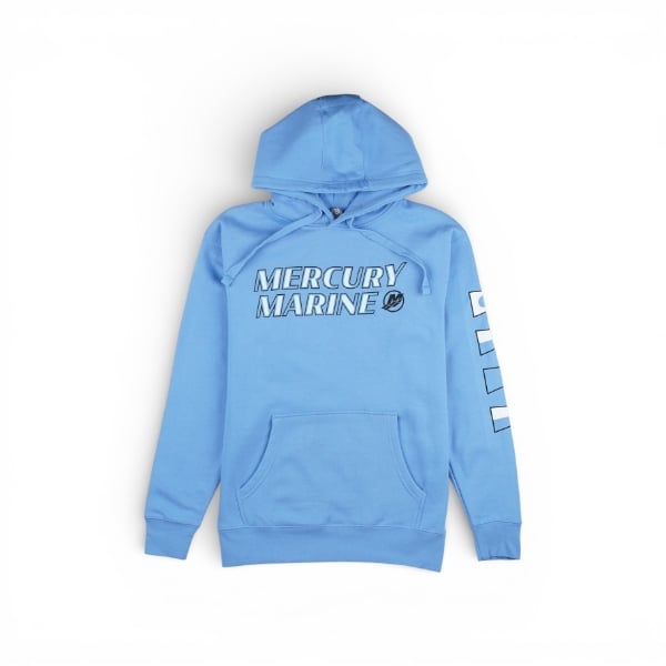 Light blue Mercury Marine hoodie featuring a bold front logo and nautical flag graphics down the sleeve.
