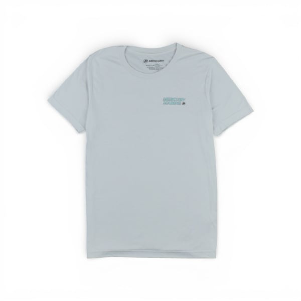 Light grey Mercury Marine tee with a small left‑chest logo in teal and black.