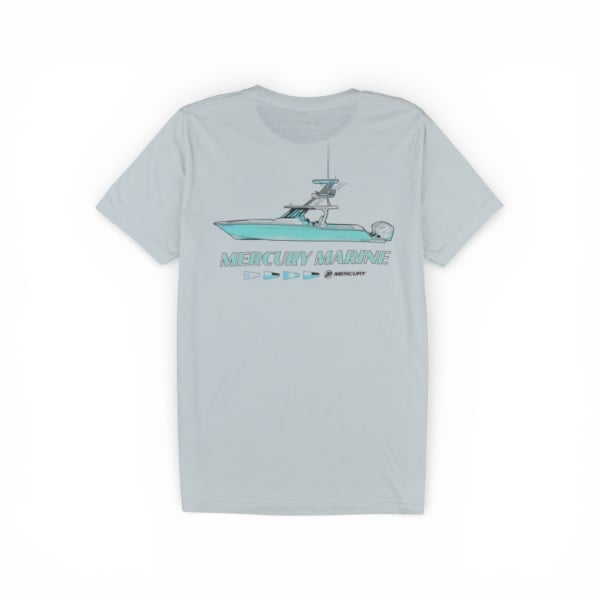Light grey Mercury Marine tee featuring a teal line‑art boat graphic and bold Mercury Marine text on the back.