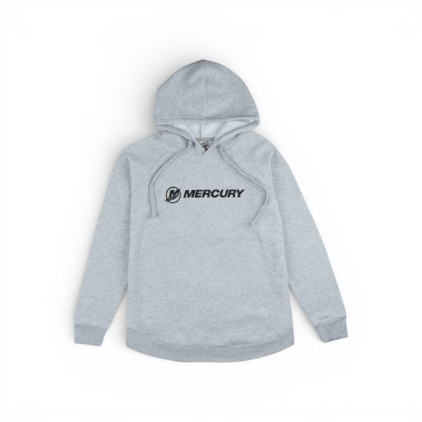 Heather grey women’s Mercury hoodie featuring a bold front Mercury logo and relaxed, curved‑hem fit.