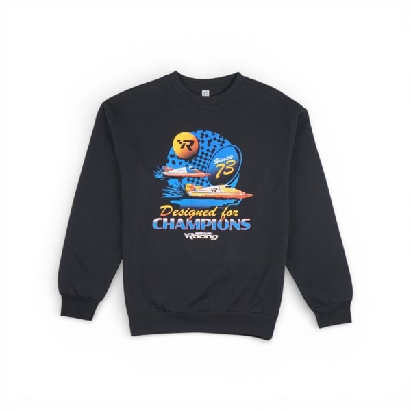 Black Mercury Racing sweatshirt featuring a bold “Designed for Champions” graphic with colorful racing boat artwork.