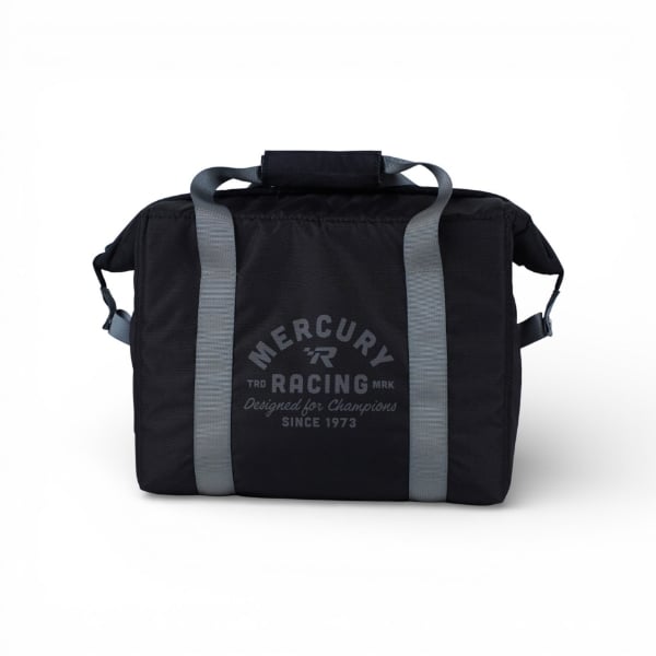 Black Mercury Racing cooler bag with grey straps and a subtle Mercury Racing logo printed on the front.