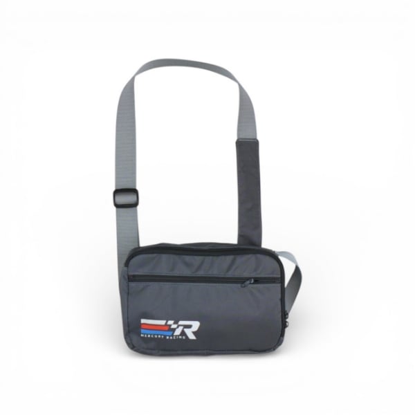 Grey Mercury Racing sling bag featuring a front zipper pocket and bold racing stripe logo graphic.
