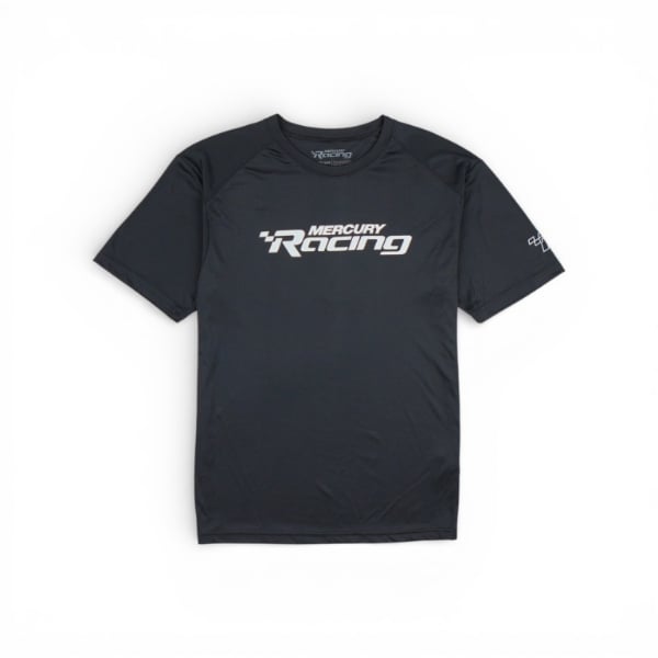 Mercury Racing Stripes Performance Tee black short sleeve shirt with Mercury Racing logo on front