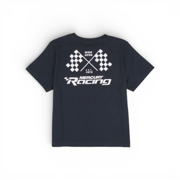 Ladies Mercury Racing Victory Flag Tee black short sleeve women’s shirt with crossed checkered victory flags and Mercury Racing graphic on back