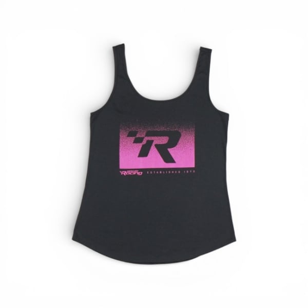 Women’s Mercury Racing Velocity Tank black sleeveless tank top with pink gradient Mercury Racing “R” logo graphic on front