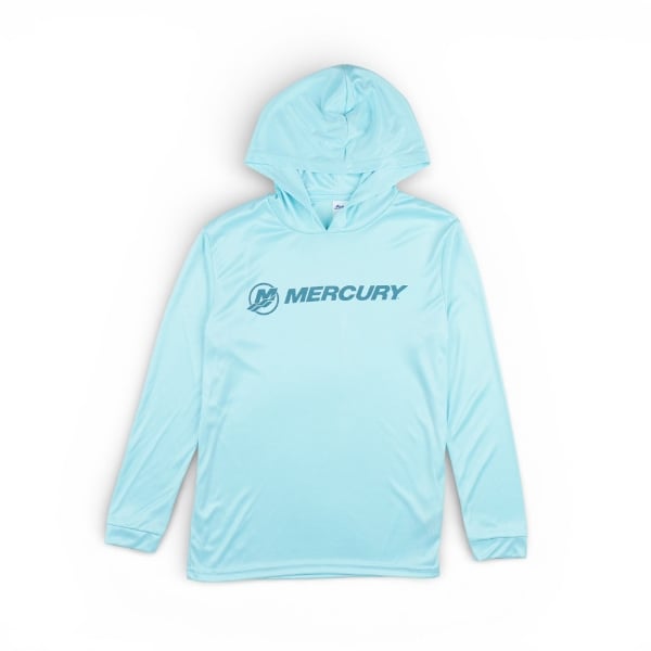 Youth Waterway Performance Hoodie light blue long sleeve hooded performance shirt with Mercury logo on front