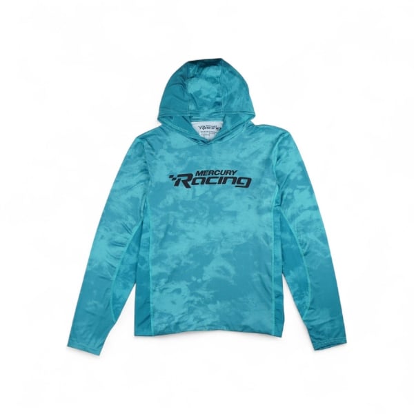 Front view of Mercury Racing performance hooded long-sleeve shirt in water green with Mercury Racing logo on chest