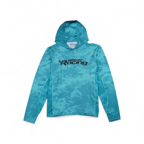 Front view of Mercury Racing performance hooded long-sleeve shirt in water green with Mercury Racing logo on chest