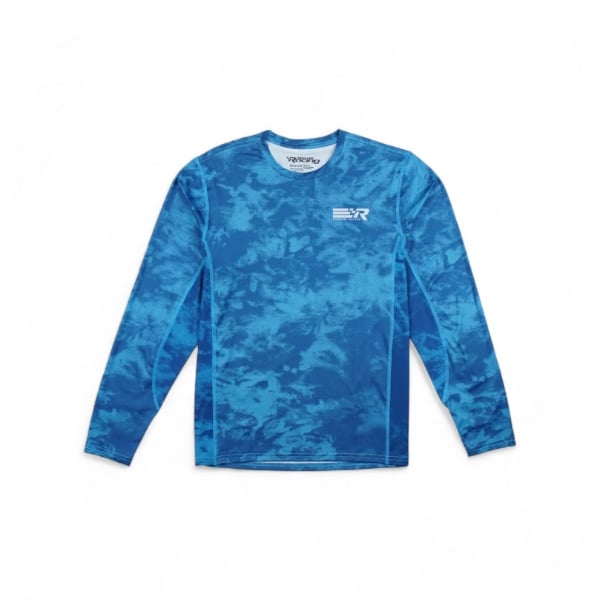 Front view of Mercury Racing performance long-sleeve shirt in deep blue with chest logo