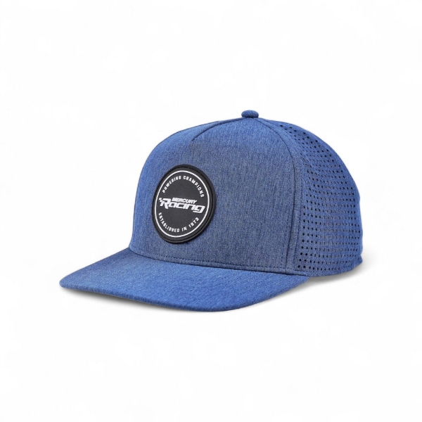 Side view of Mercury Racing Racecraft Hat in heathered blue highlighting perforated performance fabric