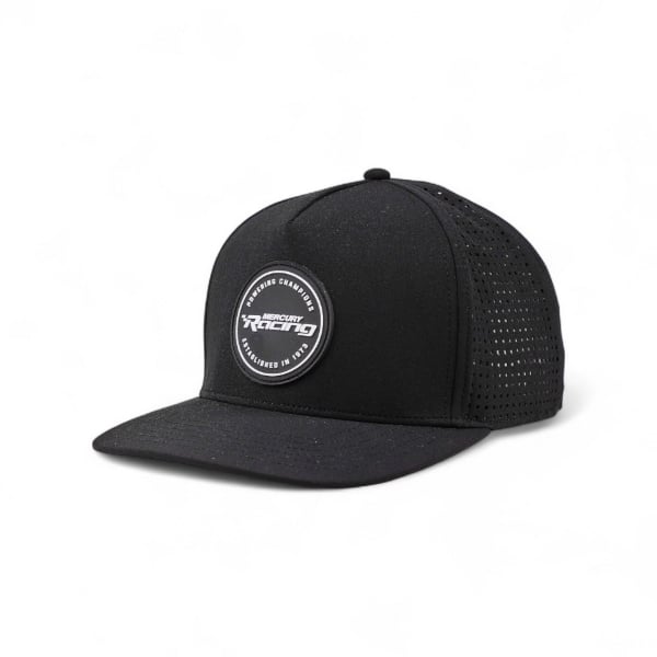 Side view of Mercury Racing Racecraft Hat in black highlighting perforated performance fabric