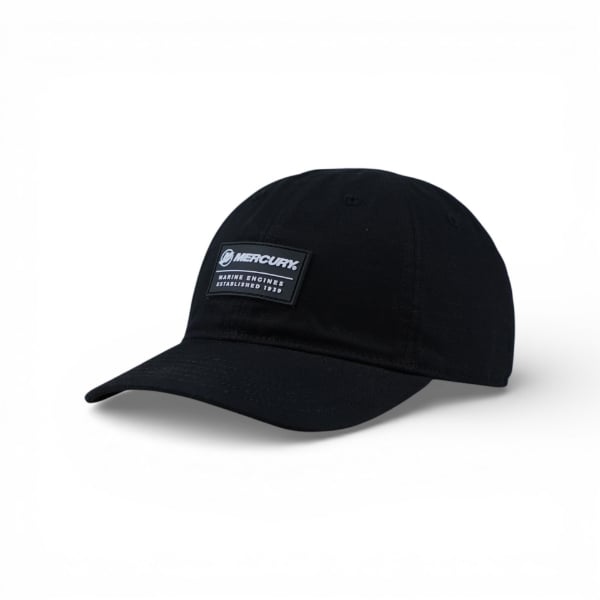 “Black Mercury hat with woven Mercury Marine patch on the front, angled left view.