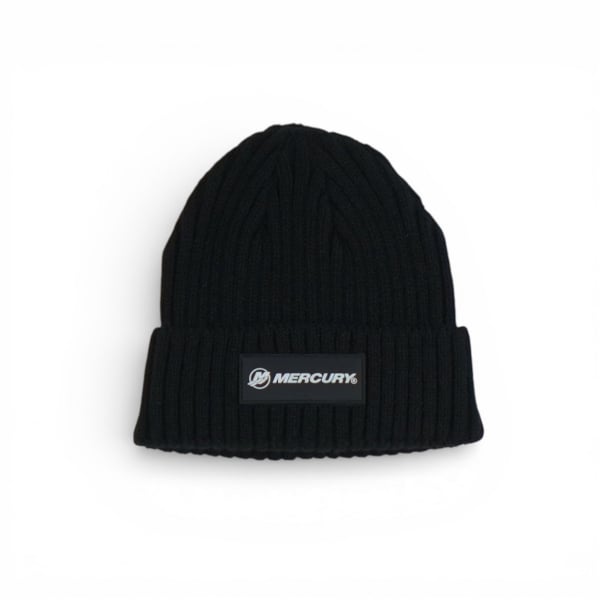 Black rib‑knit beanie with folded cuff and woven Mercury patch on the front.