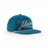 Teal corduroy hat with multicolor retro Mercury Marine embroidery, angled side view.