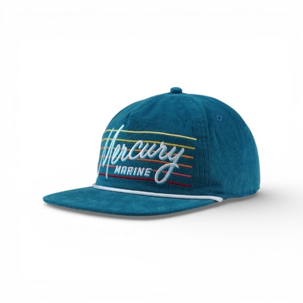 Teal corduroy Mercury Marine hat shown at an angle with colorful retro stripe embroidery.