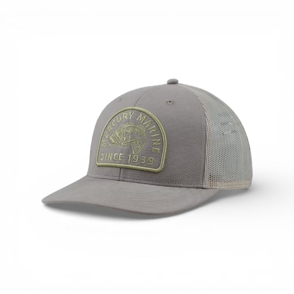 Gray Mercury Marine mesh‑back hat shown from a left angle with embroidered patch on the front.