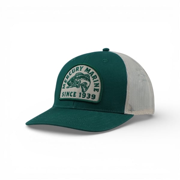 Green Mercury Marine mesh‑back hat shown from a right angle with embroidered front patch.