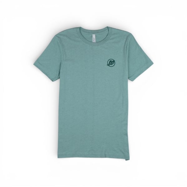 Heather green short‑sleeve T‑shirt with a small dark green Mercury logo on the left chest.