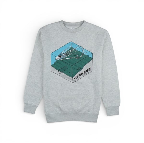Light gray Mercury Marine sweatshirt featuring a large graphic of a boat creating wakes inside a 3D cube-style illustration.
