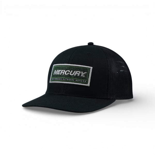 Black Mercury hat shown at a three‑quarter front angle with a rectangular embroidered Mercury patch on the front panel and black mesh back panels.