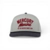 Front view of a light gray Mercury Marine hat with a navy bill and bold red embroidered “Mercury Marine – On the Water Since 1939” logo.