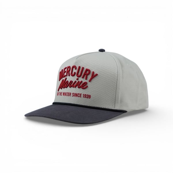 Light gray Mercury Marine hat shown at a three‑quarter left angle with a navy bill and red embroidered “Mercury Marine” script logo on the front.