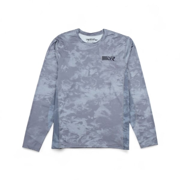 Front view of Mercury Racing performance long-sleeve shirt in water grey with chest logo