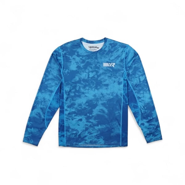 Front view of Mercury Racing performance long-sleeve shirt in deep blue with chest logo