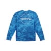 Back view of Mercury Racing performance long-sleeve shirt in deep blue with large Mercury Racing graphic